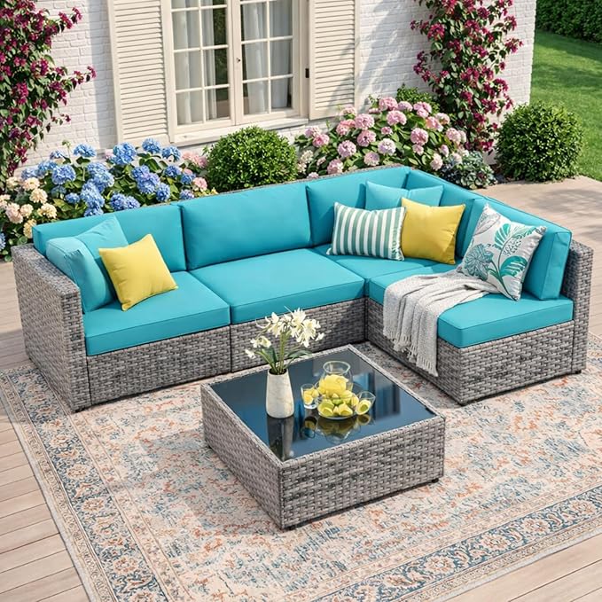 JAMFLY 5-Piece All-Season Wicker Patio Sofa Set with Thick Cushions & Coffee Table, Modular Indoor Outdoor Furniture for Poolside, Garden, Sunroom & Porch, Blue