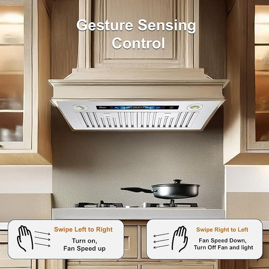 Awoco Range Hood Insert 36 Inch, Built-in Kitchen Hood with 800 CFM, Smart Voice/Gesture/Touch Control, Stainless Steel Stove Hood with Ducted/Ductless Convertible, Charcoal Filter.