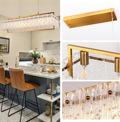 Dining Room Light Fixture 32'' Modern 6-Light Gold Chandelier for Dining Room with E12 Base Compatible with 3000K~6000K (No Bulbs) Linear Farmhouse Lighting for Kitchen Island and Living Room