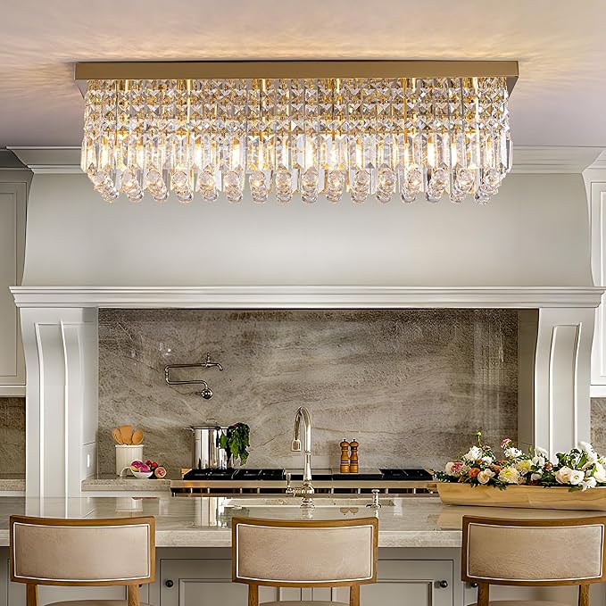 Crystal Chandeliers,6-Lights Gold Rectangular Chandelier,Crystals Pendant Light Fixture for Dining Living Room Kitchen Dining Room Bedroom Bathroom Hotel