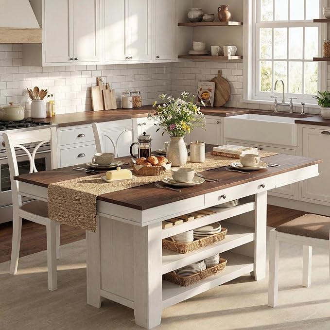 IDEALHOUSE 60" Wood Dining Table for 4-6, Counter Height Kitchen Table with Wine Rack and 2 Drawers, Open Shelves and Sturdy Legs, 4-Tier Stationary Kitchen Island for Dining Room and Kitchen