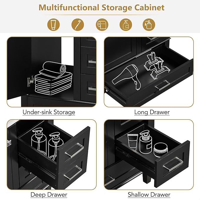 GDFStudio 30" Bathroom Vanity Sink Combo with 3 Drawers & 1 Soft Closing Door Floor Mount Freestanding Wood Bathroom Storage Cabinet Set with Ceramic Basin Sink Top for Small Bathroom Space, Black