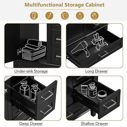 GDFStudio 30" Bathroom Vanity Sink Combo with 3 Drawers & 1 Soft Closing Door Floor Mount Freestanding Wood Bathroom Storage Cabinet Set with Ceramic Basin Sink Top for Small Bathroom Space, Black