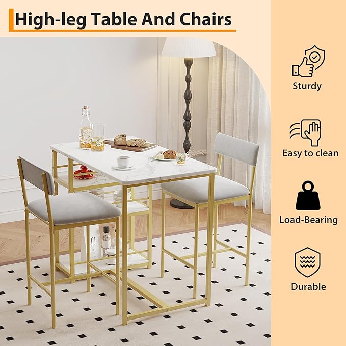 Takywep 3 Piece Dining Table Set for 2 with 3 Large Storage Shelves, Kitchen Table and Chairs for 2 with Pu Cushion Chairs & Thick Wood Top, Dining Table Set for Small Space, Apartment, Gold