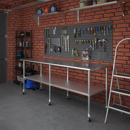Stainless Steel Work Table with Wheels | NSF Kitchen Island Food Prep | Laundry Garage Utility Bench (Table + Wheels, 96" Long x 30" Deep)