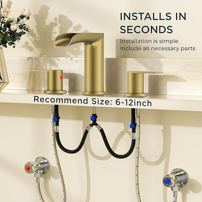 FORIOUS Gold Bathroom Faucet, Waterfall Bathroom Faucet for Sink 3 Hole with Easy Install Pop-Up Drain and Water Supply, 8 Inch Widespread for Vanity, Camper,Restroom