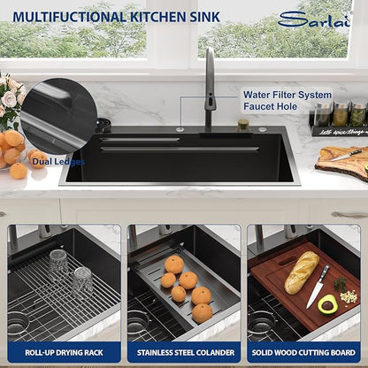 Sarlai 36 Inch Waterfall Kitchen Sink Workstation - 36x22 Black Waterfall Drop In Sink Stainless Steel 16 Gauge Sink Multifunction Single Bowl Smart Top Mount Kitchen Sinks with Faucet Combo
