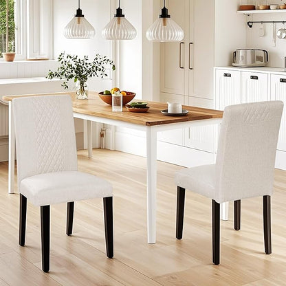VECELO Dining Chairs Set of 2, Upholstered Fabric Wood Legs High Back for Kitchen Living Room, Beige