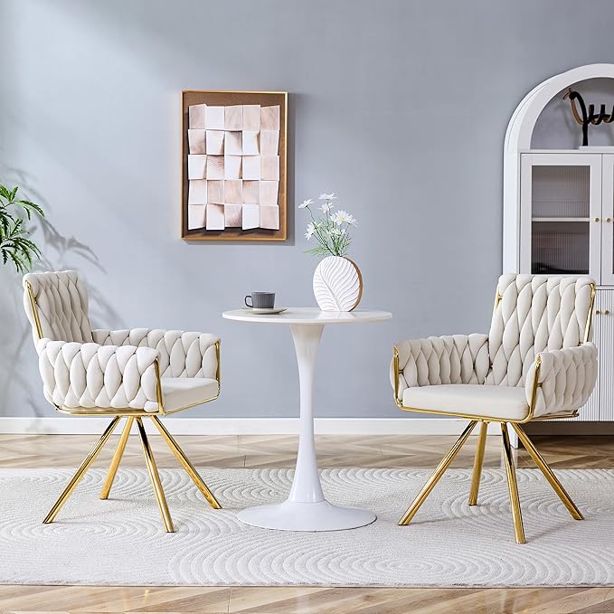 Upholstered Dining Chairs Set of 2, Hand-Woven Back Kitchen Chair, Large Gold Dining Chairs,Velvet Upholstery with Metal Legs, Modern Velvet Chair for Dining Room、Kitchen、Restaurant