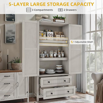 DWVO 64.5" H Kitchen Pantry Cabinet, Storage Cabinet with Barn Doors, 2 Drawers and Adjustable Shelves, Farmhouse Cupboard for Dining Room, Living Room, Bathroom, Off White