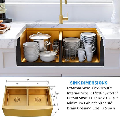 MILOSEN Gold Farmhouse Kitchen Sink, 33x20x10 Inch 50/50 Double Bowl Apron Front Undermount Sink, Gold Stainless Steel Workstation Farm Sinks with Ledge & Accessories, 10'' Deep Handmade Kitchen Sinks