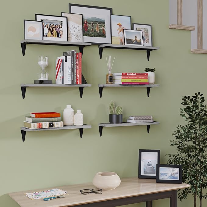 Wallniture Arras Wood Floating Shelves for Wall Storage, Small Bookshelf, Hanging Book Shelves for Living Room, Bedroom, Office, Burnt Finish, Set of 10 (Gray)
