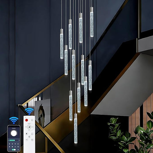 12-Lights Bubble Chandelier for Entryway High Ceiling-137 Height Adjustable Crystal Chandelier,3 Color Temperature Dimmable LED Pendant Light Fixture for Foyer Living Room Staircase,Chrome