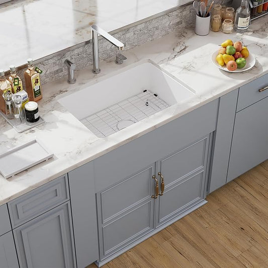 27 White Undermount Kitchen Sink, Hugsleek Topmount & Undermount Kitchen Sink 27x19 inch White Porcelain Ceramic Fireclay Sinks Dual Mount Accessories Single Bowl Under Counter Sinks Basin Drop In