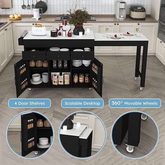 KEIKI 74.8" Kitchen Island with Extendable Dining Table, Rolling Cart with Power Outlet, 3 Drawers & Storage Cabinet on Wheels for Kitchen, Dining Room, Black