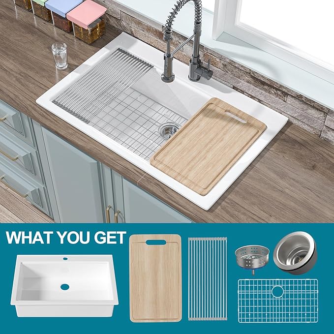 33x22 Drop In Kitchen Sink Workstation White 1 Hole, 33 Inch Large Fireclay Workstation Sink Drop In Single Bowl, Topmount, with 4 Accessories (Cutting Board Included), for Kitchen