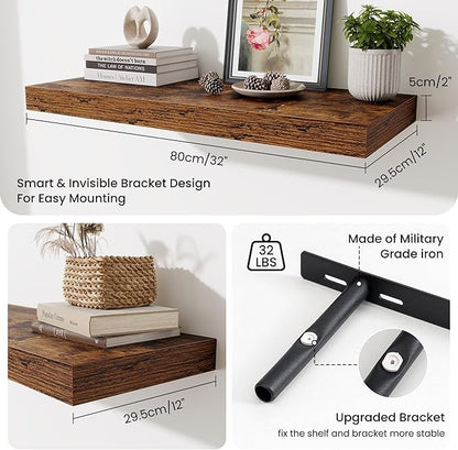 Fun Memories 32 x 12 Floating Shelves Wall-Mounted - Rustic Wood Shelf - 12 Inch Deep Floating Shelves for Wall - Large Storage Shelf for Bathroom - Kitchen & Bedroom - Rustic Brown - Set of 2