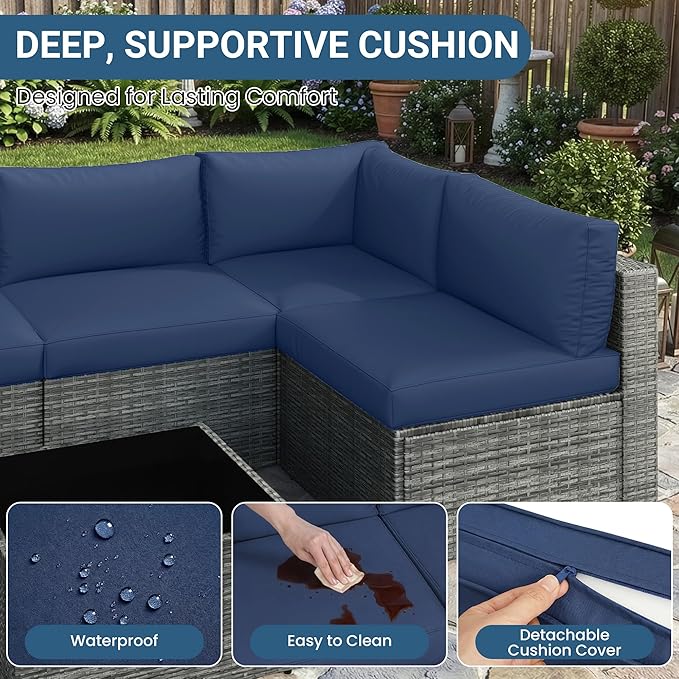 Wisteria Lane 7 Pieces Outdoor Patio Furniture Set, Wicker Outdoor Patio Sectional Sofas with Coffee Table, All-Weather Patio Conversation Set for Backyard Garden, Navy Blue