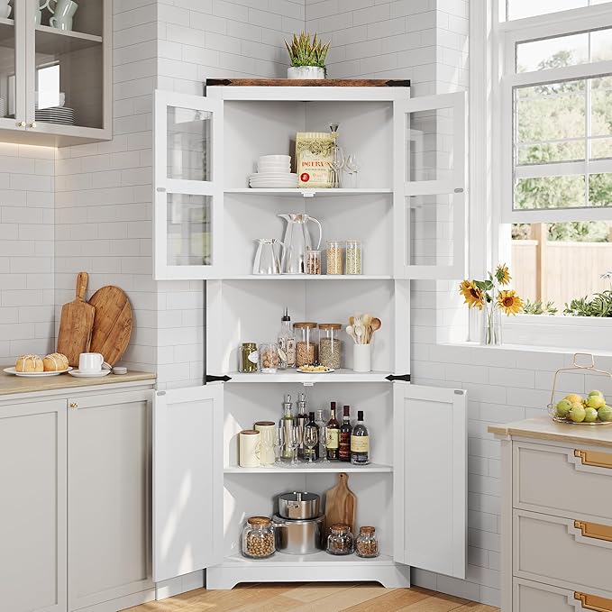GarveeHome Tall Corner Cabinet, Farmhouse Corner Storage Cabinet with Glass Door & Adjustable Shelves, Space Saving Storage for Living Room, Kitchen, Bathroom, White
