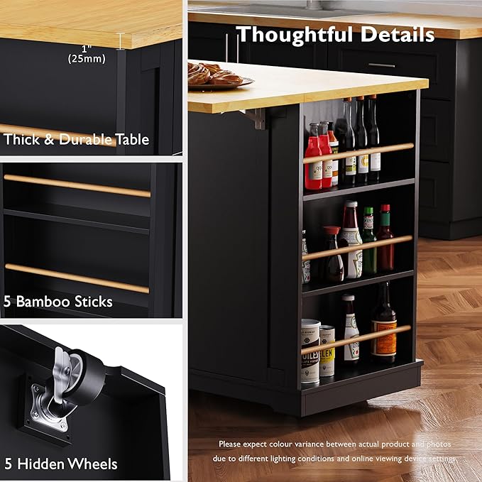 Ball & Cast Kitchen Island with 2 Bar Stools and Power Outlet,Rolling Kitchen Cart on 5 Wheels W/Drop Leaf&5 Open Side Racks,Kitchen Storage Cart W/Adjustable Shelf,for Kitchen,Dining Room,Black,48"