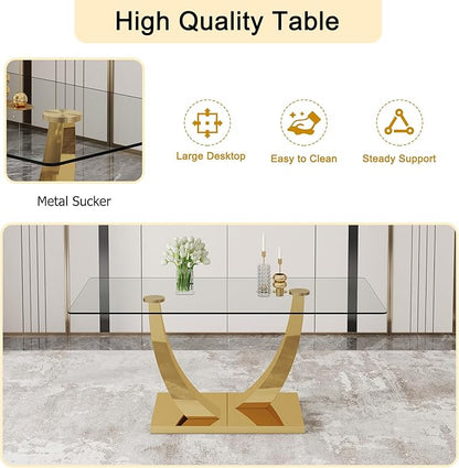 71” Glass Dining Table, Modern Dining Room Table for 6-8, Luxury Gold Kitchen Table with U-Shaped Metal Legs, 0.4” Tempered Glass Top for Elegant Dining Room Spaces
