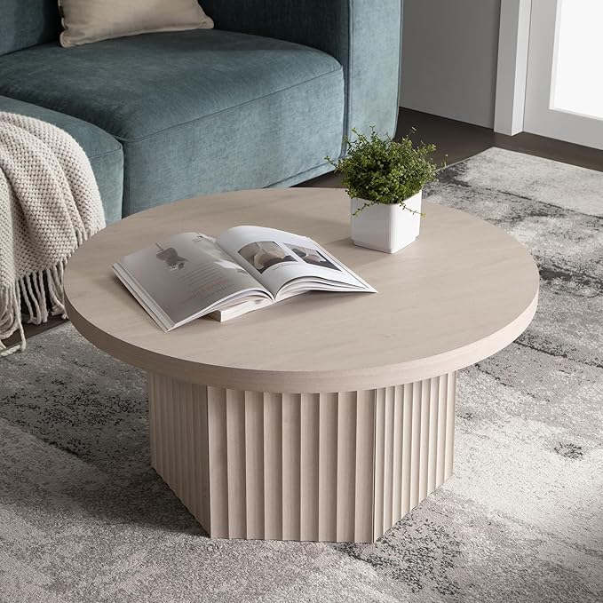 SICOTAS 32" Modern Round Coffee Table, Mid Century Fluted Coffee Table with Storage, Accent Center Table for Living Room, Small Space, Apartment, White Alder