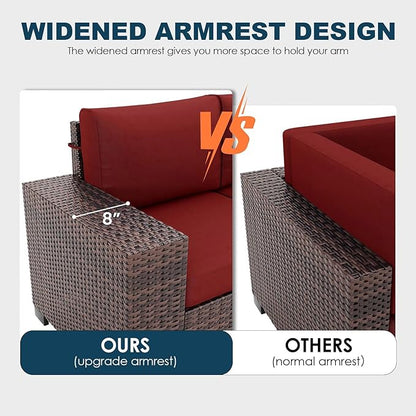 7 Piece Patio Furniture Set with Fire Pit Table, Outdoor Conversation Sets Wicker Rattan Sectional Sofa with Coffee Table for Patio Garden Backyard, 4'' Thickened Cushion Wine Red