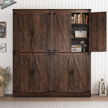chartustriable 71in Farmhouse Kitchen Pantry Cabinet,Tall Storage Cabinet with 4 Doors and Adjustable shelves,with Load-Bearing Steel Pipe,Wood Storage Cabinets for Kitchen,Dining Room,Bathroom(Brown)