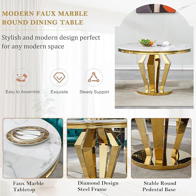 Round Marble Dining Table for 4 6，Modern 45" White Gold Kitchen Table with Faux Marble Top & Diamond Design Pedestal Base, American-Style Round Dining Room Dinner Table,Home Kitchen Furniture