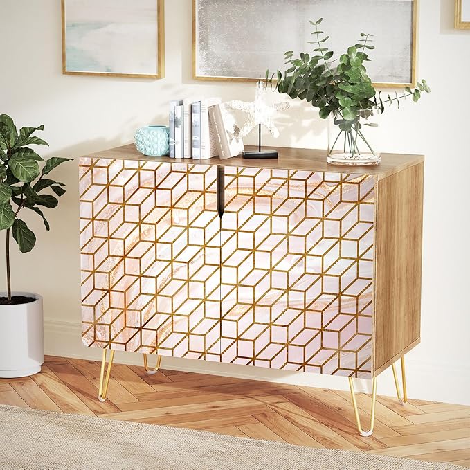 SIGNWIN Sideboard Buffet Cabinet, Kitchen Storage Cabinet with 2 Doors, 3D Square Optical Illusion Patterns, Cupboard Console Table for Dining Room - 35" L x 18" W x 29" H