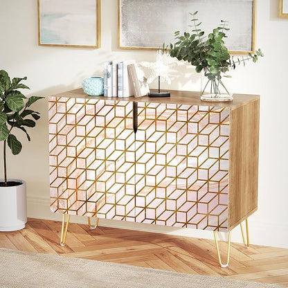 SIGNWIN Sideboard Buffet Cabinet, Kitchen Storage Cabinet with 2 Doors, 3D Square Optical Illusion Patterns, Cupboard Console Table for Dining Room - 35" L x 18" W x 29" H