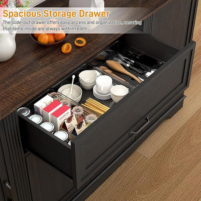 65" Sideboard Buffet Cabinet with Storage, Farmhouse Kitchen Pantries Sideboard Cabinets with Drawer, Wood Coffee Bar Cabinet with Adjustable Shelves, Storage Cabinets for Kitchen, Black