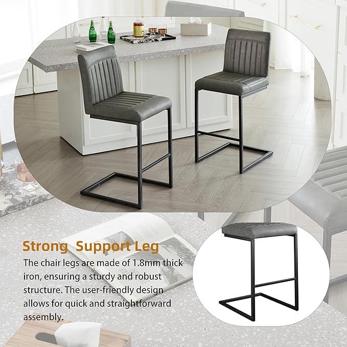 26" Counter Height Bar Stools Set of 2, Modern Upholstered Chairs with Vertical Tufted Backrest & Footrest, Metal Frame for Kitchen Island, Home Bar (Gray PU Leather)