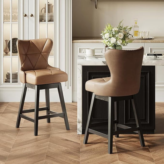 MALOL Swivel Bar Stools Set of 2, PU Leather Mid Century Mondern Barstools, 26 inch Counter Height Bar Chairs with Solid Back and Wood Legs, for Kitchen Island，Brown