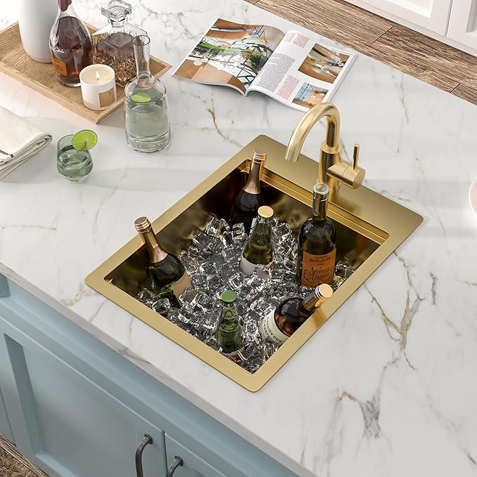 15"x20" Drop In Bar Prep Sink Workstation – Brushed Gold NANO-PVD, 16 Gauge 304 Stainless Steel, Single Bowl Top Mount Wet Bar RV Outdoor Kitchen Sink with Faucet
