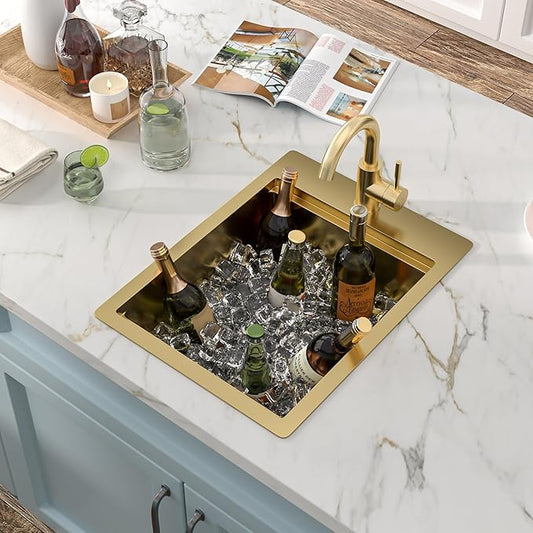 15"x20" Drop In Bar Prep Sink Workstation – Brushed Gold NANO-PVD, 16 Gauge 304 Stainless Steel, Single Bowl Top Mount Wet Bar RV Outdoor Kitchen Sink with Faucet