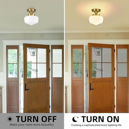 Brass Schoolhouse Ceiling Light 8" Mid Century Lights Fixtures Milk Glass Light Fixture School House Lights Fixture Ceiling Semi Flush Mount Ceiling for Bedroom Bathroom (Bulb Incl.)