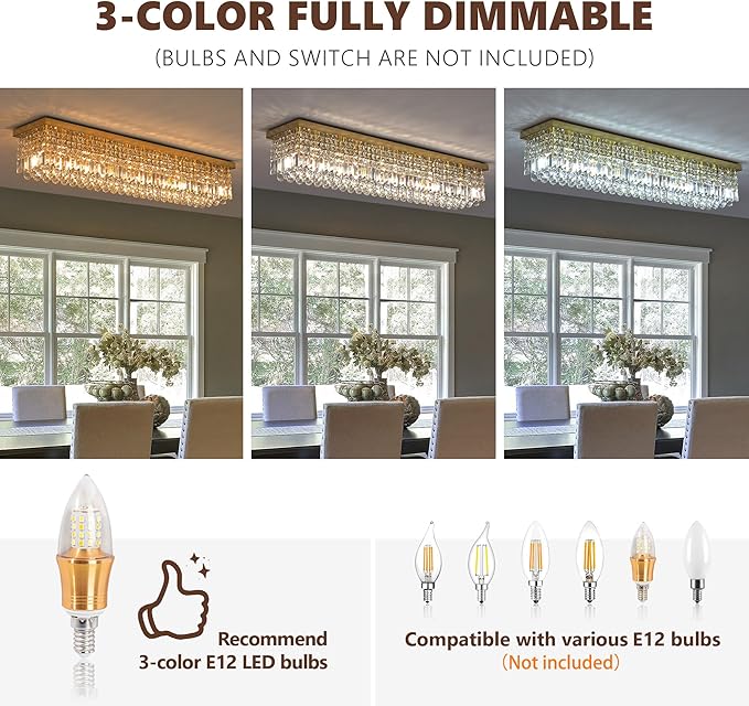 Gold Chandeliers,10-Lights Modern Crystal Chandelier, Rectangular Flush Mount Chandelier,Pendant Light Fixture for Dining Room Kitchen Room Bedroom Bathroom Hotel
