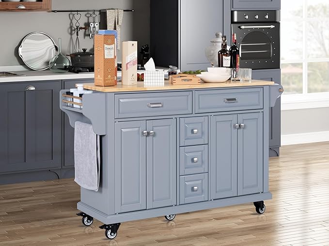 GOWE Kitchen Island with Rubber Wood Countertop, Kitchen Cart on 5 Wheels with Storage Cabinet and 5 Drawers for Dinning Room, Grey