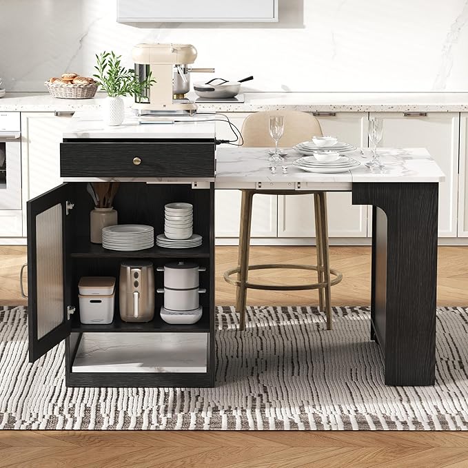 Modern Dining Table Kitchen Island with Extendable Table, Double-Sided, 2 Drawers, Power Outlet, Side Open Shelves, Wood Counter, Console,Black-MDF