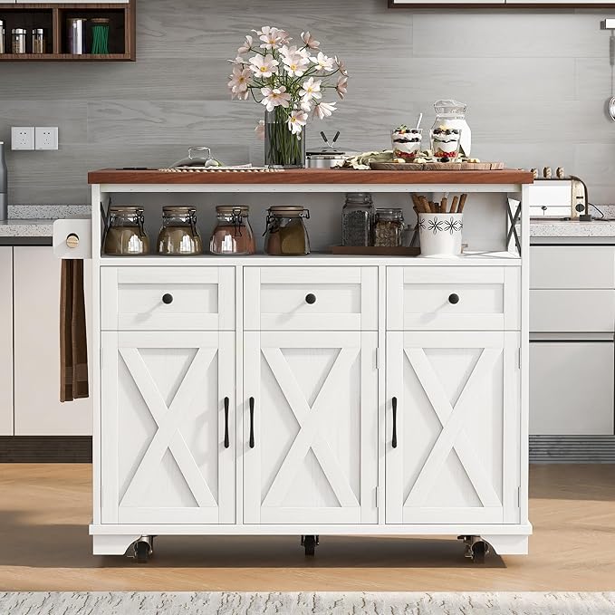 Ball & Cast Farmhouse Kitchen Island with Drape of Beads & Power Outlet, Rolling Kitchen Cart on 5 Wheels, 3 Drawers, Internal Iron Shelf & Towel Rack, for Kitchen & Dining Room, White