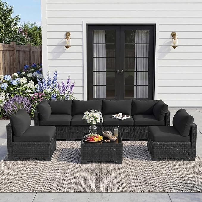 Patio Furniture Set, 7-Piece Outdoor Sectional Couch with Coffee Table & Thick Cushions, Outdoor Wicker Conversation Set for Backyard, Poolside, Garden (Black-Black, 7 Piece-Single)