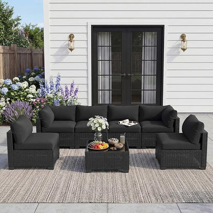 Patio Furniture Set, 7-Piece Outdoor Sectional Couch with Coffee Table & Thick Cushions, Outdoor Wicker Conversation Set for Backyard, Poolside, Garden (Black-Black, 7 Piece-Single)
