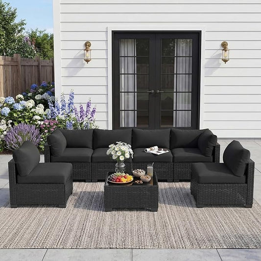 Patio Furniture Set, 7-Piece Outdoor Sectional Couch with Coffee Table & Thick Cushions, Outdoor Wicker Conversation Set for Backyard, Poolside, Garden (Black-Black, 7 Piece-Single)