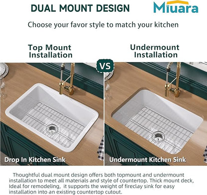 Miuara White Undermount Kitchen Sink 27 Inch - Topmount Fireclay Drop In Sink 27"x19"x10", Dual Mount Heavy Duty Deep Single Bowl, w 2 Accessories, Glossy White, for Kitchen & Laundry & Small Space
