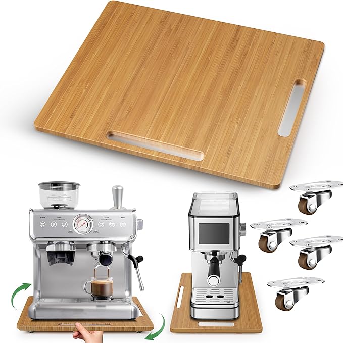 oy&Grace Appliance Slider for Kitchen Appliances 360° Rolling Sliding Tray for Coffee Maker Countertop, Bamboo Coffee Pot Slider Rolling Tray with Universal Rollers (Natural, Large 16"x13")