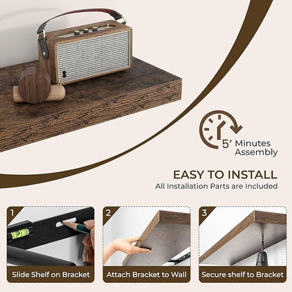 RICHFOCUS 24Inch Floating Shelves for Wall 2 Pack Shelves for Bedroom|Kitchen|Bathroom Wall Mounted Rustic Wood Floating Shelf with Invisible Brackets for Books|Storage|Decor, Rustic Brown
