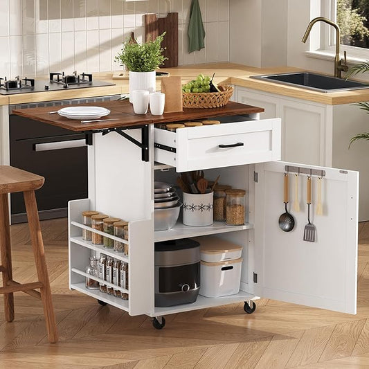 39.3" Kitchen Island with Side Drop Leaf, Space-Saving Rolling Kitchen Cart with Lockable Wheels, Storage Island with Open Side Rack, One Drawer & Towel Rack, for Kitchen, White