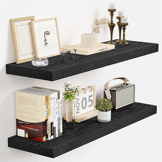Vivelove Floating Shelves 24 Inch, Black Wall Shelves Over Toilet with Invisible Brackets for Bathroom Living Room Kitchen Bedroom Office Farmhouse Home Decor, 24" X 9.3" X 1.5" - Set of 2