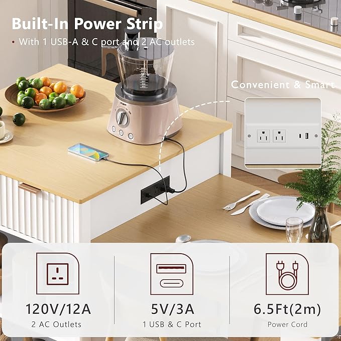 Polibi 82.6" Fluted Kitchen Island with Extendable Dining Table, for 4-6 Seating, Power Outlet (AC/USB/C), Double-Side Storage, 2 Drawers & Side Open Shelves, White